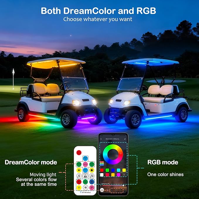 4PCS Golf Cart Underglow LED Light Kit with Built-in 12V-80V Voltage Reducer, APP & Remote Control, Sound Active Music Sync, IP67 Waterproof, Battery Drain Protect, for EZGO Yamaha Club Car
