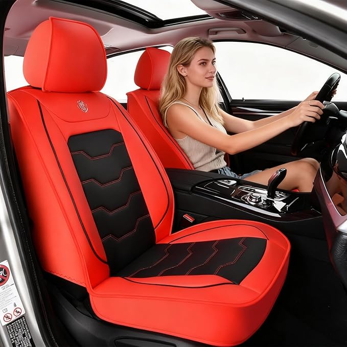 Car Seat Cover Set, Red and Black Seat Covers, Automotive Interior Accessories, Waterproof Synthetic Leather, Protect and Upgrade Your Car Interior, Fits Most Vehicles, Airbag Compatible