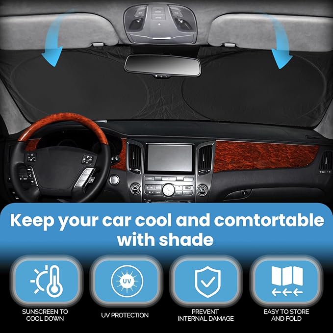 Custom Fit Rivian R1T Windshield Sunshade for 2022-2023 2024 2025 Rivian R1S/R1T Accessories Front Window Sun Shades Shield Cover for Windshield Foldable 210T Sun Visor Protector Blocks UV Ray