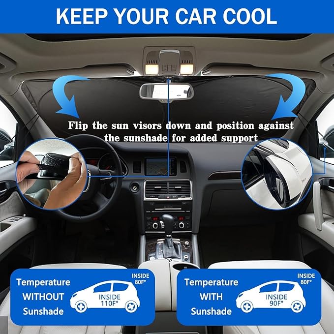 Car Windshield Sun Shade, Funny Car Eyes Sun Visor, Wear-Resistant Black Tape, Foldable 59‘’x27.5‘’/63''x31.5''