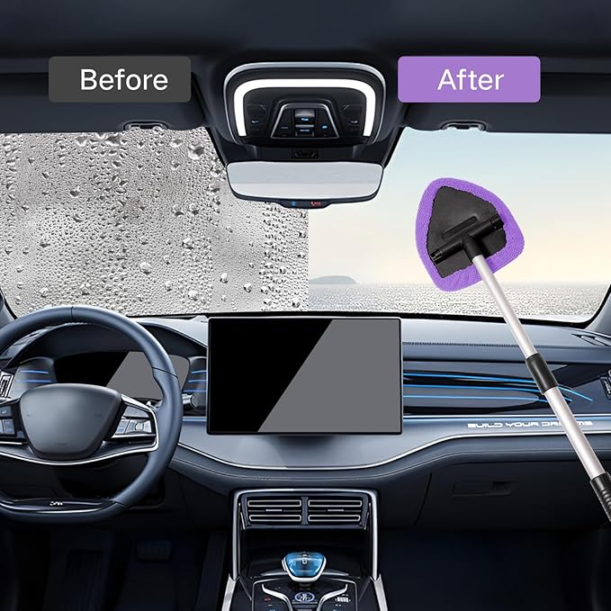Qydipclin 11pcs Windshield Cleaner Tool, Car Window Cleaning Wash Kit with 6 Reusable Microfiber Pads 2 Spray Bottles and Extendable Handles Auto Glass Wiper Kit, Purple