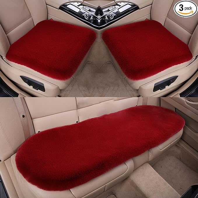 Plush Car Seat Cushion, Soft Warm Fuzzy Faux Rabbit Fur Fluffy Plush Auto Seat Cover Vehicle Car Front and Back Seat Protector Pad with Non-Slip Backing Cushion Interior Universal Fit (Red,3PCS)