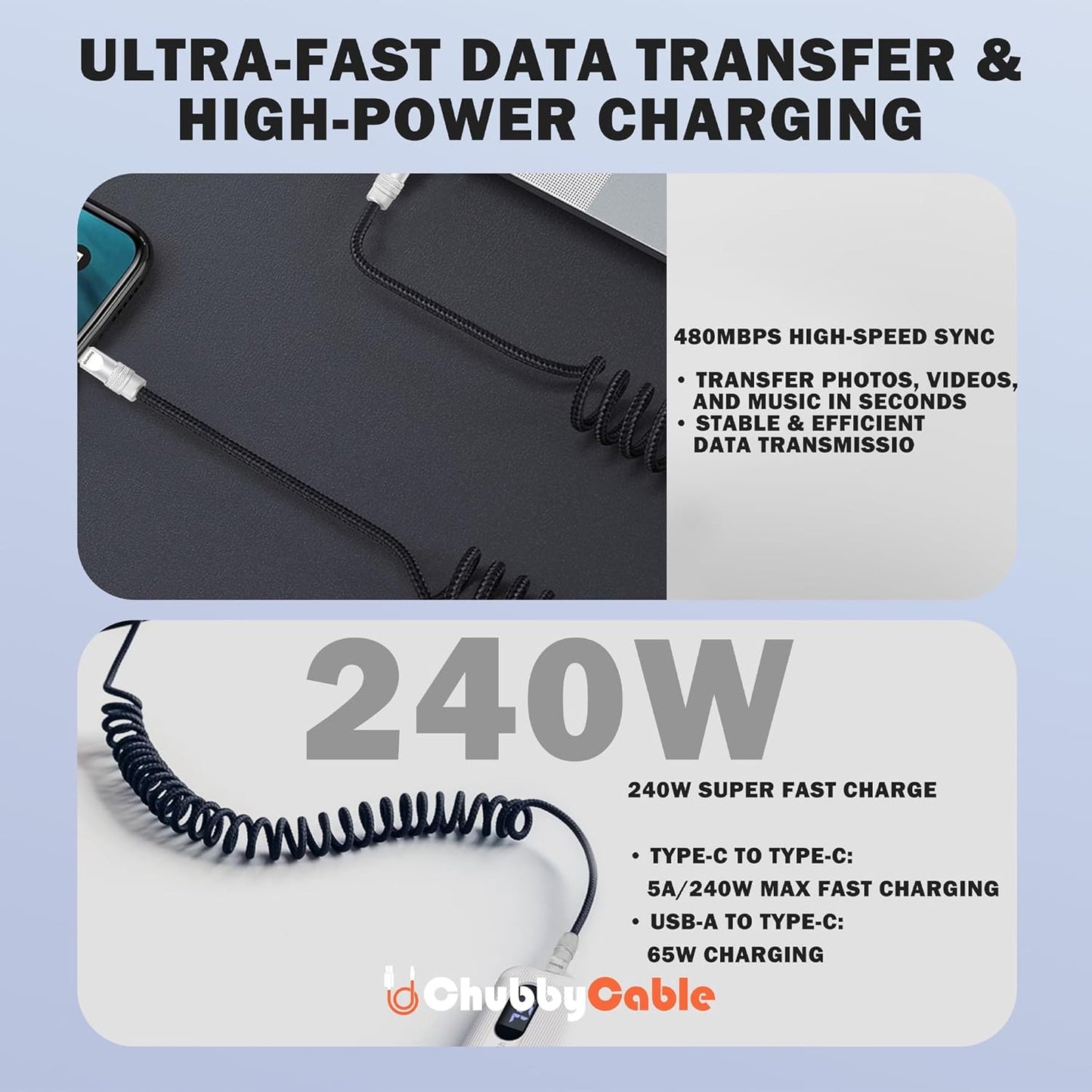chubbycable Curly Chubby - Retractable Fast Charging Cable 240W Coiled Charger Cord for Car Durable USB-C Cable for Phones, Tablets and More, Green+Green, Type-C to Type-C, 1.3FT-2.3FT