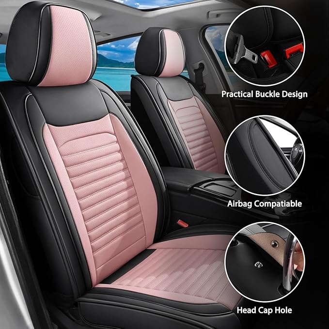Car Seat Covers Full Set Fit for Toyota Matrix 2003-2014, Premium Faux Leather Car Seat Protector,Breathable Anti-Slip Full Wrapping Edge Seat Covers(Black&Pink,Full Set)