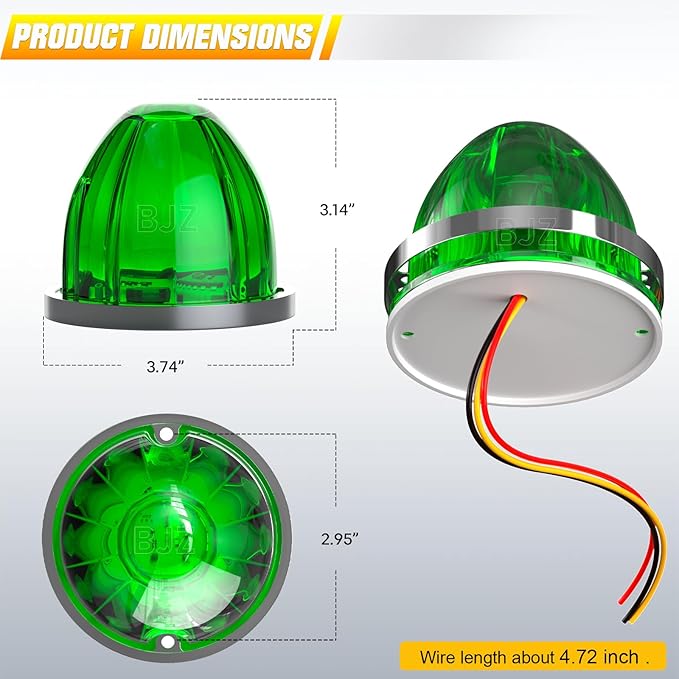 BJZ 10Pcs Green Watermelon LED Strobe+Constant Marker Lights Dual Function Watermelon-Shaped Side Marker Clearance Tail Top Cap Roof Lights for Trailer Truck Semi-Trailer Heavy-Duty Truck Bus Van