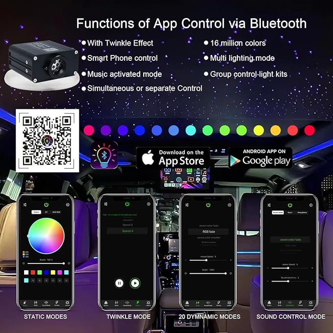 AKEPO 16W RGBW APP Twinkle Fiber Optic Lights, Small Size Music Activated 450pcs 0.03in 9.8ft/3m Optical Fiber Star Ceiling Light Kit for Car Headliner Star/Home