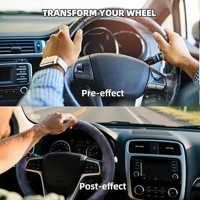 Suede Leather Steering Wheel Cover Wrap Kit - DIY Stitch-On for 18-19" Wheels, Superior Sweat Absorption & Non-Slip Grip, Comfortable & Durable Year-Round Upgrade