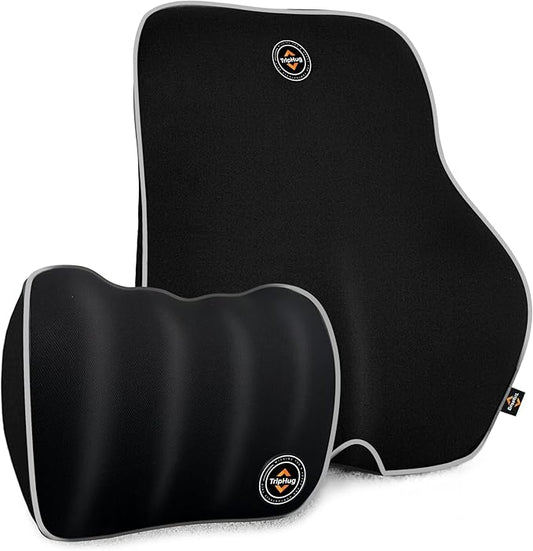 Lumbar & Neck Pillow Set, Car Headrest & Lumbar Support Cushion - Memory foam for pain relief, Ideal for Long Sitting, Travel, Driving, Office, Gaming Chair-Easy to Attach, detachable washable