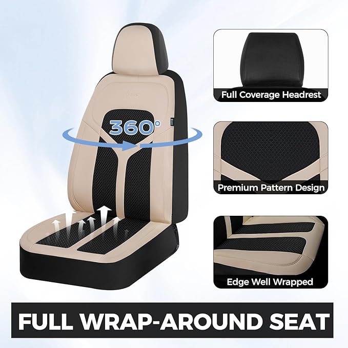 FLORICH Car Seat Covers Full Set, Universal Seat Cover 5 Seats, Automotive Seat Covers with Mesh Leather, Waterproof Car Seat Protector, Breathable Car Seat Cushion for Most Car SUV Truck, Beige