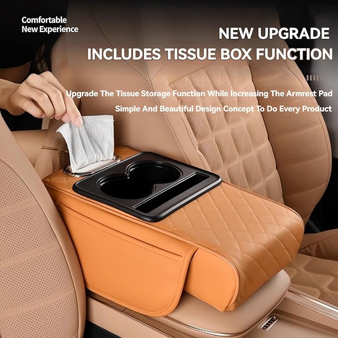 Multifunctional PU Leather Car Armrest Box Mat, 5-in-1 Multifunctional Car Armrest Cushion, Center Console Cover with 2 Cup Holder, For Storing Tissues, Phones, Wallets, Drinks, for Most Cars (Brown)