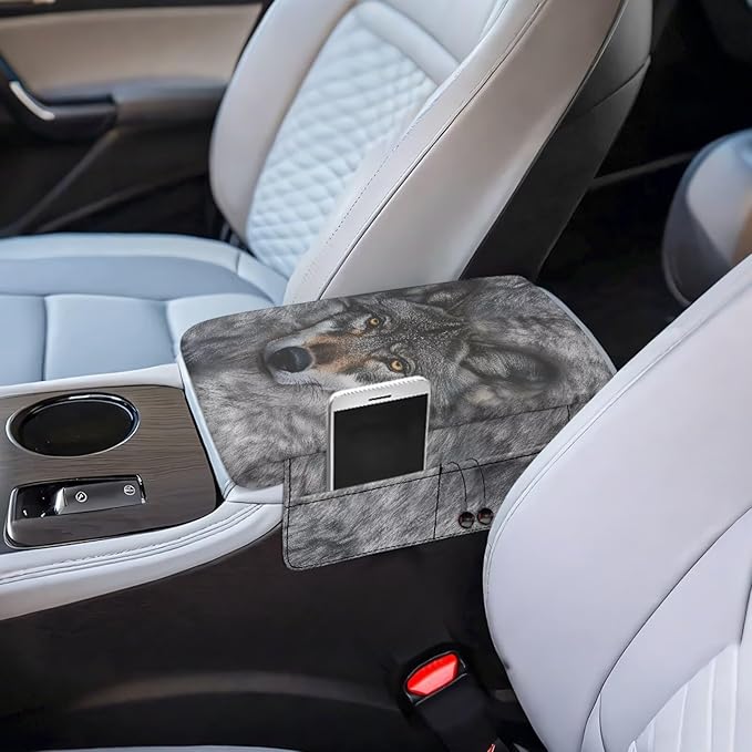 Dreaweet Car Center Console Cover with Pockets Grey Wolf Car Accessories for Women Men Thick Arm Rest Cover for Car SUV Truck Non Slip Comfortable Car Armrest Cushion Cover Pad