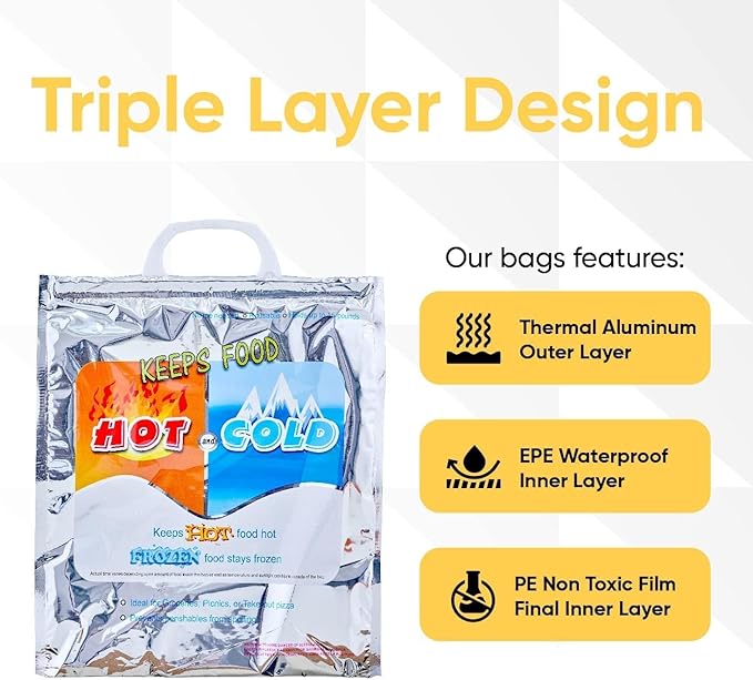Superio Hot and Cold Insulated Bags for Food Delivery, Grocery Shopping Bags, Food Storage for Hot and Frozen Food for Travel, Disposable Cooler Bag, Reinforced Thermal Lunch Bag (8, 12"x13.5")