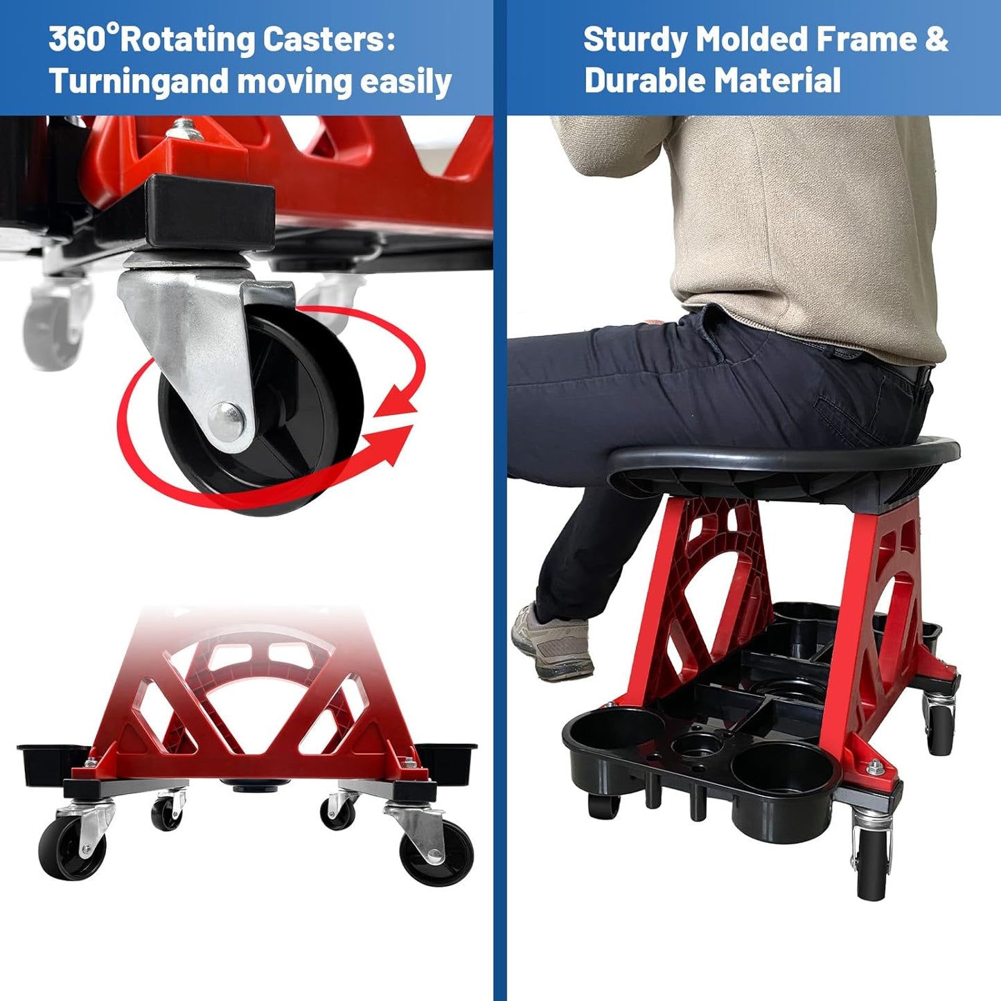 Durable Mechanic Seat with Wheels - Heavy Duty Rolling Stool Car Detailing Creeper Seat with Tool Tray for Workshop, Auto Repair Shop and Home