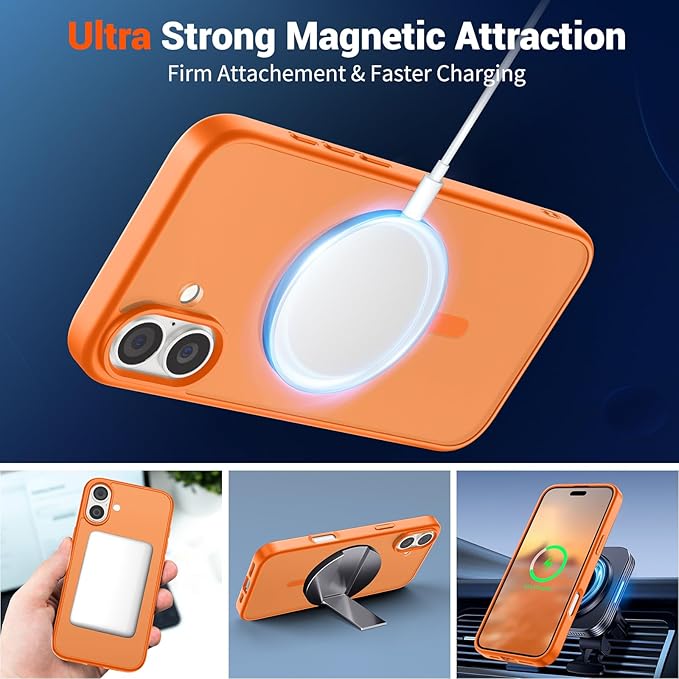 SUPFINE Magnetic for iPhone 16 Case with Screen Protector (Compatible with MagSafe) (Military Grade Drop Protection) Translucent Matte Shockproof Phone Cover,Starry Orange