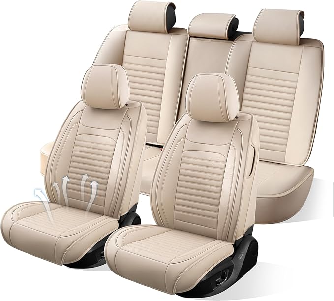 Car Seat Covers Full Set Fit for Toyota Prius 2001-2026, Premium Faux Leather Car Seat Protector,Breathable Anti-Slip Full Wrapping Edge Seat Covers(Beige,Full Set)