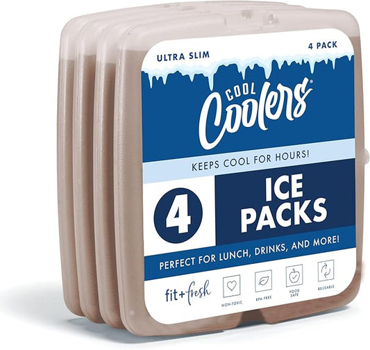 Cool Coolers by Fit & Fresh Slim Ice Packs, Quick Freeze Reusable Ice Packs for Lunch Boxes & Coolers, Long-Lasting, Space Saving Lunch Ice Packs, Taupe, 4Pk