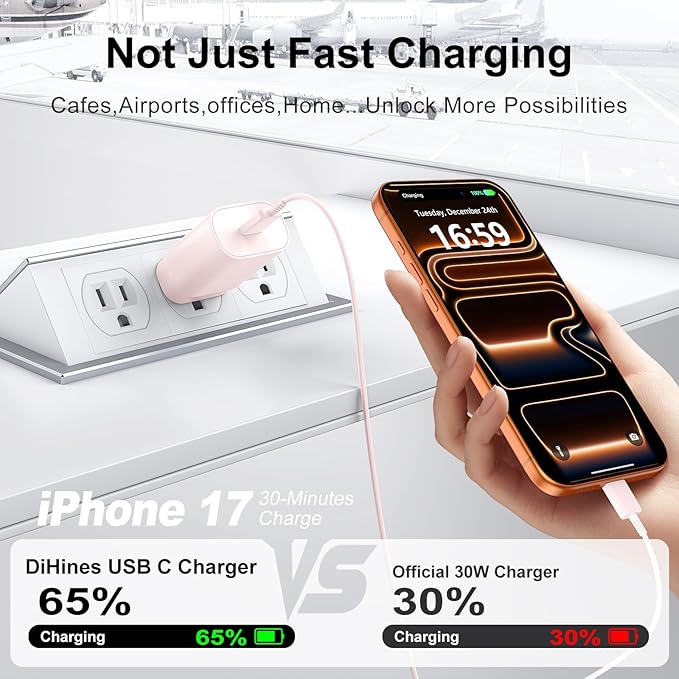 Phone 17 16 15 Charger Fast Charging,30W USB C Phone 17 16 15 Pro Max Charger Block &6.6FT Long Type C Cable Cord for i.Phone 17/Air/17 Pro/17 Pro Max/16/16 Plus/16 Pro/16 Pro Max/15/15 Pro Max,Pink