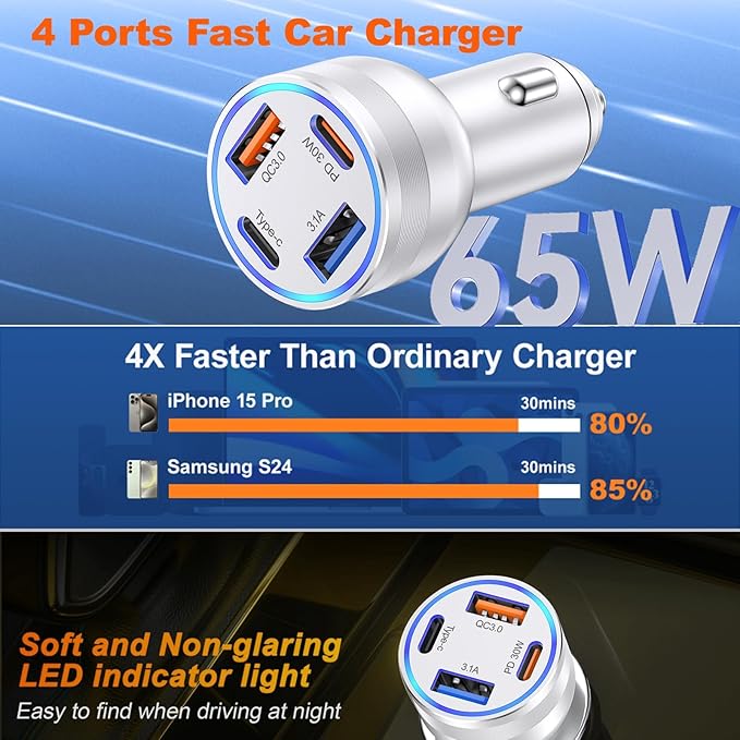 65W iPhone 17/16 Pro Max USB C Car Charger, 4-Port USB-C&USB-A Car Charger Adapter Fast Charging USB C Cigarette Lighter Adapter+6FT Braided Type C Cable for iPhone 17/16/15 Pro Max,iPad