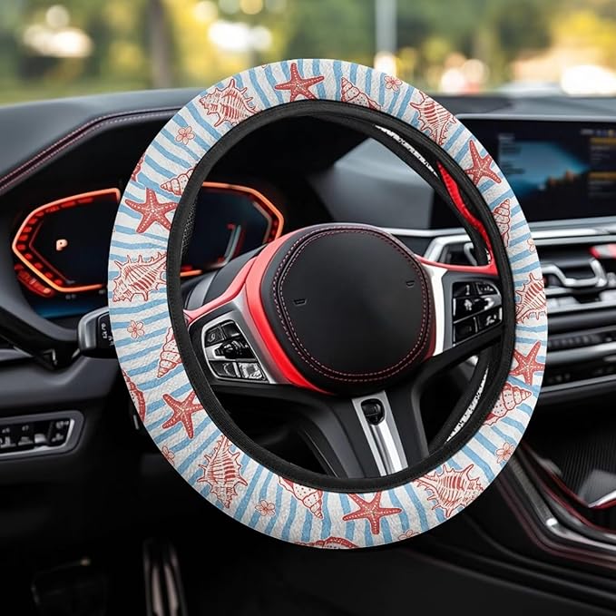 AFPANQZ Auto Steering Wheel Covers Comfort Anti-Slip Safety Stretch-on 14-15 inch, Starfish Shell Print Easy Fix Machine Washable Steering Wheel Protection