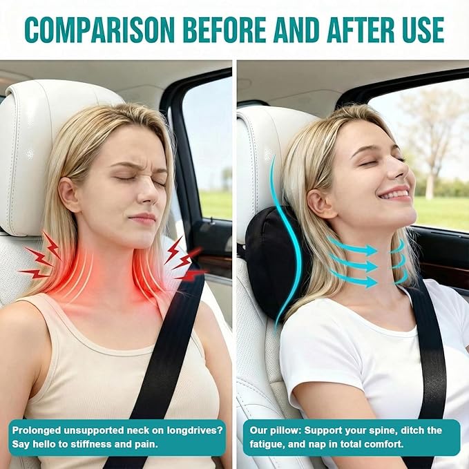 2PCS Car Pillow for Car Neck Pillow for Driving Seat Neck Support Soft Cushion Back Support Head-Rests for Vehicle Sleeping with Elastic Adjustment Strap (Coffee, Head and Lumbar)