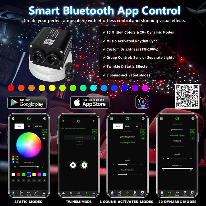 Twinkle Starlight Headliner Light Kit 20W Upgraded Car Home Fiber Optic Lights 1200pcs*0.03in(9.8ft/3m) Sound Activated APP/Remote Control Small Size Star Lights for Car Home Star Ceiling Decoration