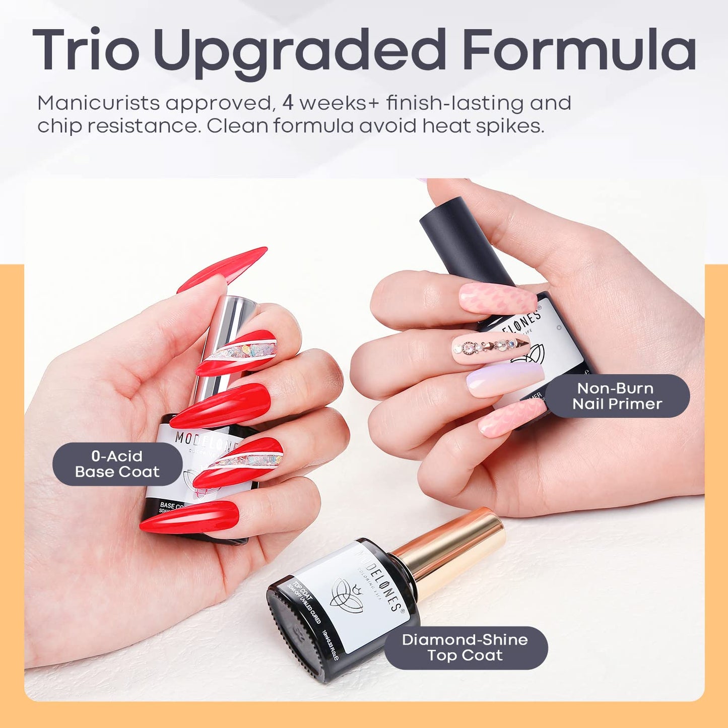 modelones Gel Top Coat and Base Coat With Nail Primer, 3 Pcs No Wipe Clear Base and Top Coat Nail Bonder Primer Super Shiny Gel Polish Home DIY Manicure 10 ml