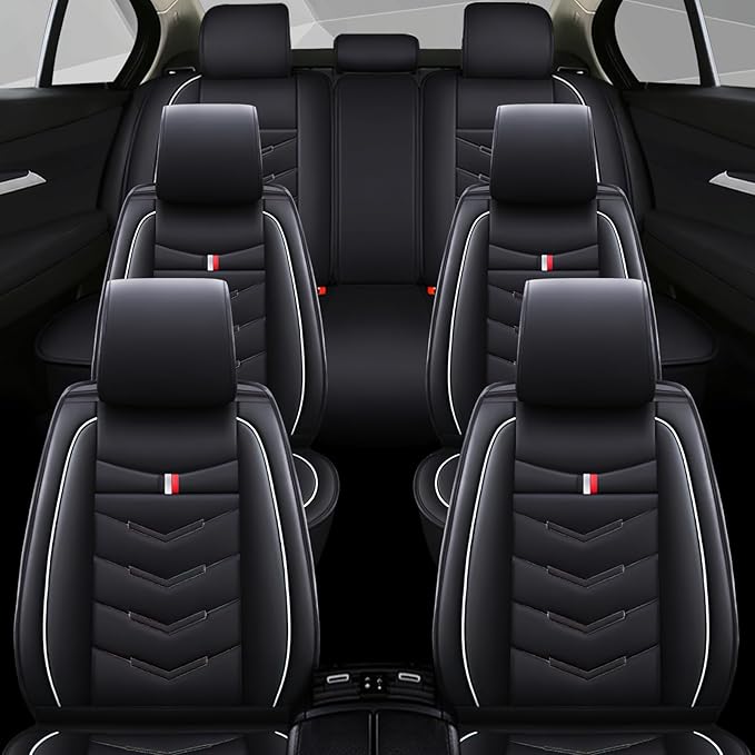 Car Seat Cover 6 Seats for Ford Explorer 2000-2026, Waterproof Durable Compatible Airbag, Premium Leather Seat Protector(6 Seats Standard,Black White)