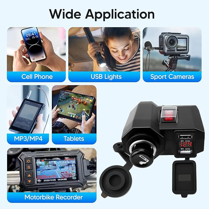 BlueFire 5V/2.1A Dual USB Charger Socket Waterproof Motorcycle Handlebar Clamp Power Adapter Charger USB Charging System with Cigarette Lighter Socket and Voltmeter for Phones/Tablets/GPS