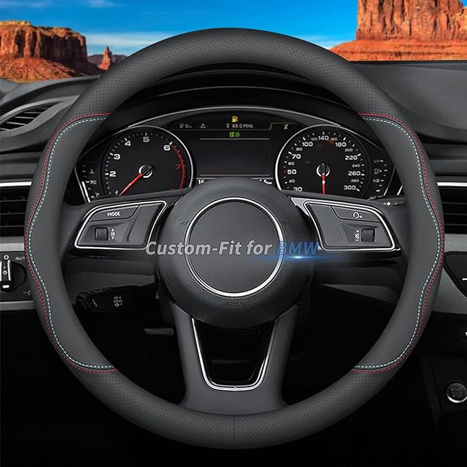 Custom-Fit for BMW Steering Wheel Cover, Premium Leather Car Steering Wheel Cover with Logo, Non-Slip, Breathable, for BM-W Accessories (A-Style,for BMW)