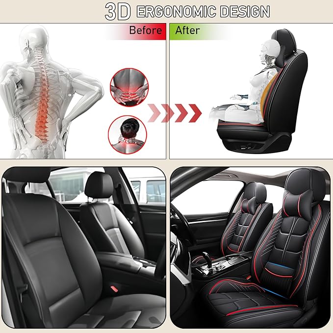 Leather Car Seat Covers Fit for Toyota Prius 2004-2024, 5 Seater Car Seat Cover, Premium Waterproof, Scratch Resistant Car Interior Accessories (Full Set with Pillow Black Red)