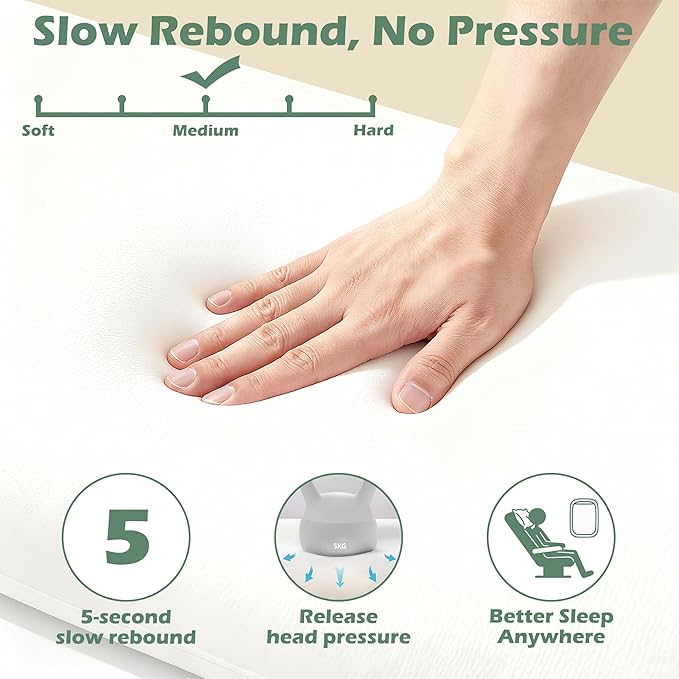 Cooling Camping Pillow, Memory Foam Travel Pillow with Adjustable Buckle Strap & Storage Bag, Compact Small Pillow for Airplane, Car Lumbar, Office, Washable Cooling Cover, Frost White