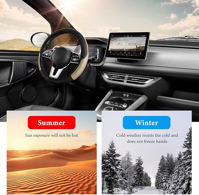 Car Steering Wheel Cover, 15 Inch Anti-Slip Stretch Leather Steering Wheel Protector, Comfortable Breathable Sporty Steering Wheel Cover for Women Men, Car Accessories (Beige, AD)