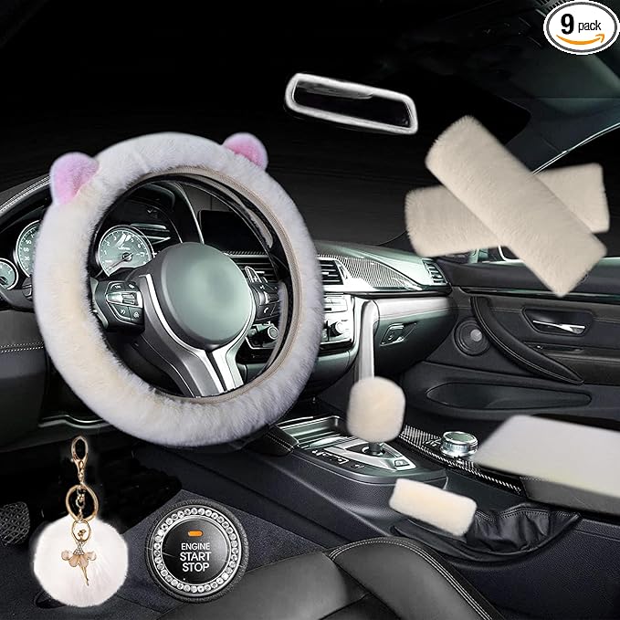 ZYNQACC 9 Pack Cute Bear Fluffy Car Accessories for Women Girls,Kawaii Fuzzy Steering Wheel Cover Universal 15 inch Plush Cute Ears （Beige）