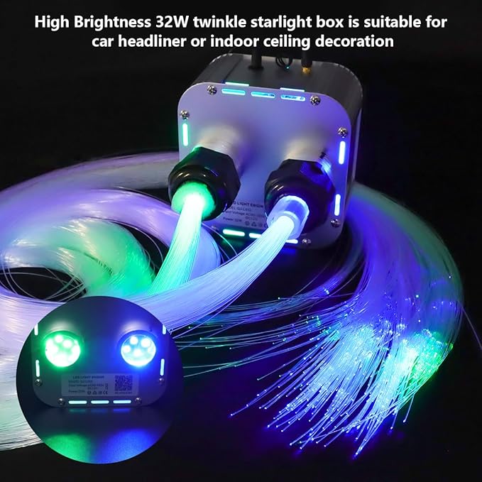 AMKI High Brightness Dual Color 32W Twinkle Sound Mode RGBW Light Source Engine Driver Remote/APP Control Dual Port Starlight Box Motor for Fiber Optic Star Ceiling Light Kit