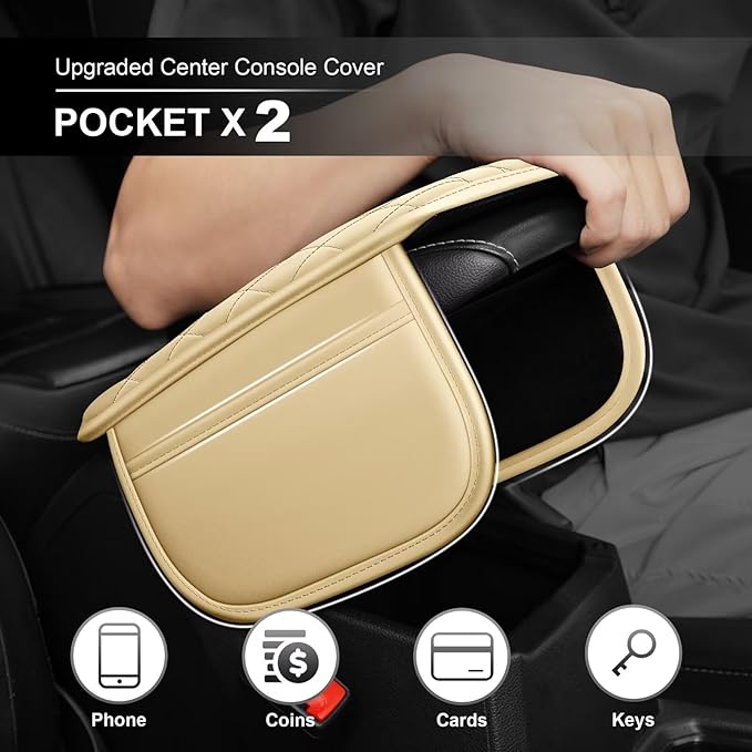 Upgraded Car Center Console Cover Fit for Tacoma Faux Leather Car Armrest Cover Cushion with 2 Storage Bags,Car Armrest Storage Box Interior Accessories(Beige&Whiteline)