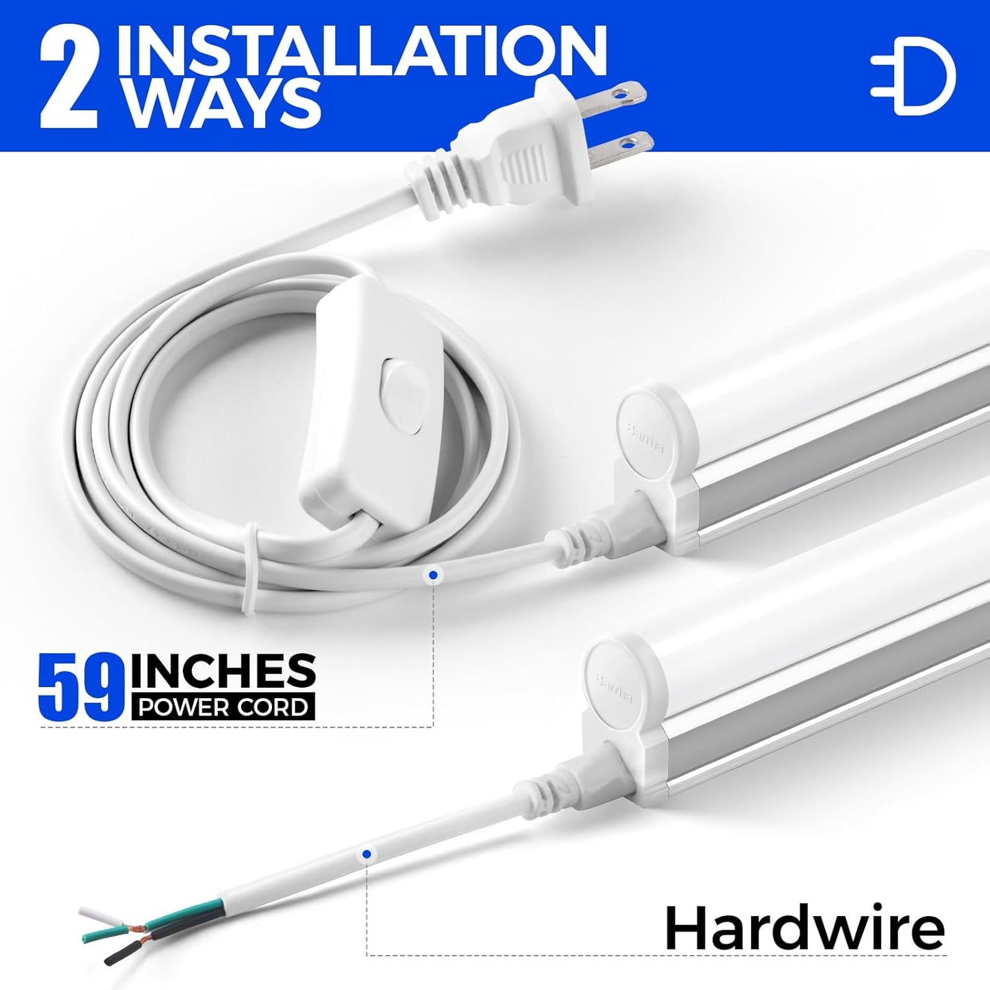 Barrina (Pack of 6) LED T5 Integrated Single Fixture, 4FT, 2200lm, 4000K (Daylight Glow), 20W, Utility Shop Light, Ceiling and Under Cabinet Light, Corded Electric with Built-in ON/Off Switch