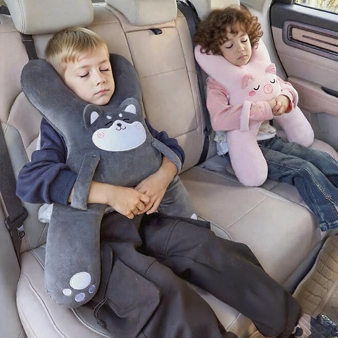 Car Pillow for Travel – Animal-Themed Car Seat Cushion with Safety Belt Protector – 4 Cute Styles: Pig, Dog, Rabbit, Panda (Dog)