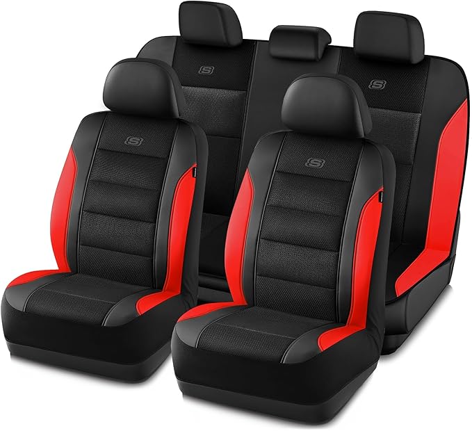 Skechers Aircooled & Memory Foam Seat Covers,Premium Leather with EVA Mesh Car Seat Covers,Seat Cover Full Sets,Airbag Compatible Automotive Comfort for Most Cars, Vans, Trucks, SUV,Red