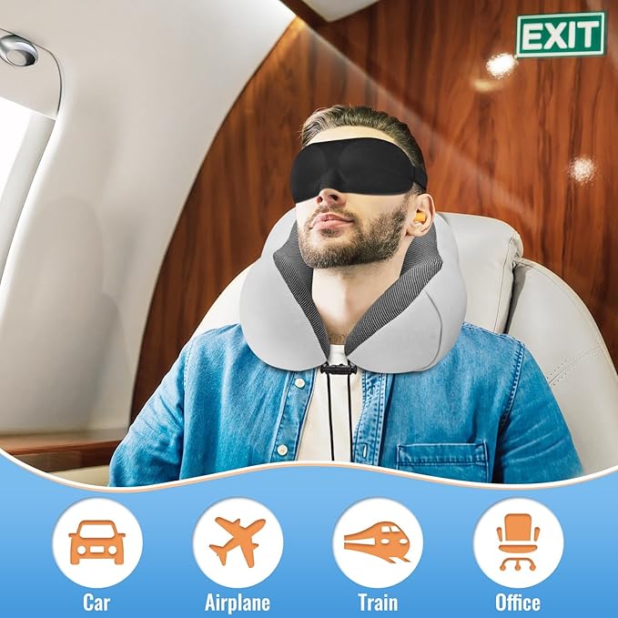 CloudBliss Travel Pillow Premium Memory Foam, Comfortable & Supportive Neck Pillow, Neck Pillows for Sleeping Travel, Airplane Pillow for Sleeping Airplane, Car, Office and Home（Black & Light Grey）