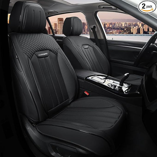 Leather Seat Covers for Cars, 2Pcs Universal Front Automotive Seat Covers, Full Coverage Waterproof Car Seat Covers for Most Trucks, SUVs, Sedans, Luxury Breathable Auto Seat Cover, Black
