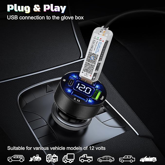 Acrylic Interior Car LED Strip Light with USB/Type C/4-Port Cigarette Lighter, Dreamcolor 6 in 1 with 175 inches 650 LEDs Ambient Lighting Kits, Sound Active Function Neon Led Strips for Car