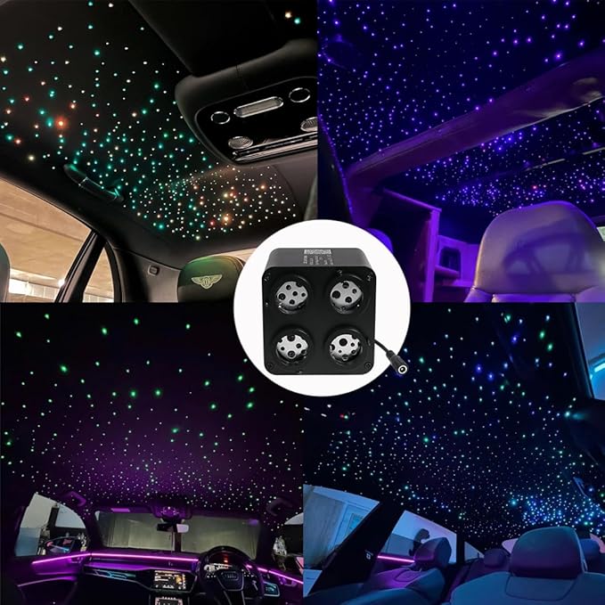 AMKI Updated 4Color Twinkle 36w Starlight Headliner Kits 900pcs 0.03in 9.8ft Fiber Optic Light Cable 4 Ports Starlight Box App/Remote Control Sound Mode for Car Home Ceiling Decoration
