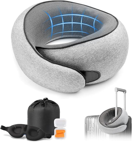 Travel Neck Pillow with 100% Pure Memory Foam, G-Shape, Includes Eye Mask & Ear Plugs, Ergonomic Design for Airplane, Car & Office, etc, Beige Gray