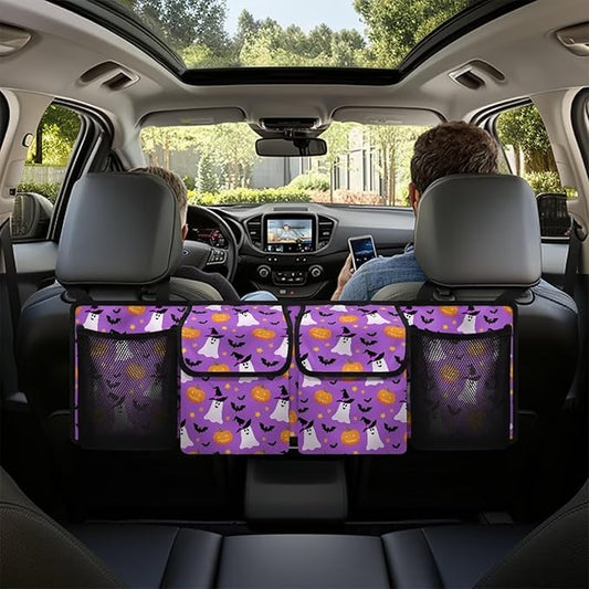 Purple Halloween Print Car Trunk Organizer Hanging Auto Back Seat Storage with 4 Pockets Car Interior Accessories for SUV MPV Hatchback Crossover Minivan Truck