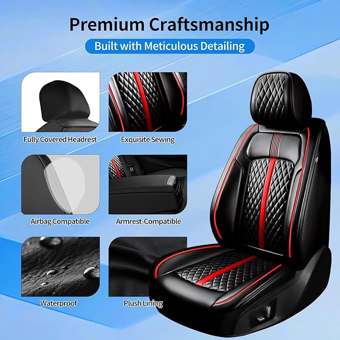 Fit Colorado Car Seat Covers for Select Chevy/Chevrolet Colorado 2015-2026 - Premium Full Coverage Leather, Waterproof & All Weather Seat Cushion Protector, Full Set, Black with Red Trim