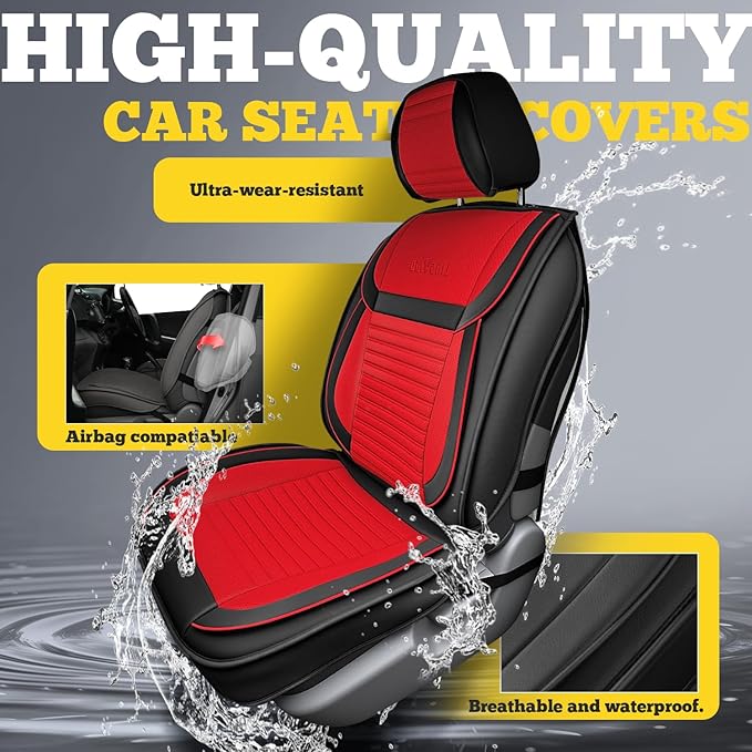 LINGVIDO Full Set Car Seat Covers, Faux Nappa Leather, Airbag Compatible and Waterproof Protectors for Sedans SUVs, Breathable Interior for Active Families, Pets, and Commuters (5 Seats, Black/Red)