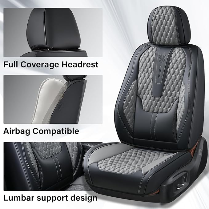 Coverado Leather Seat Covers for Car, Waterproof Front Car Seat Covers with Lumbar Support Universal Fit for Most Sedans SUV Pick-up Truck(Black&Gray)