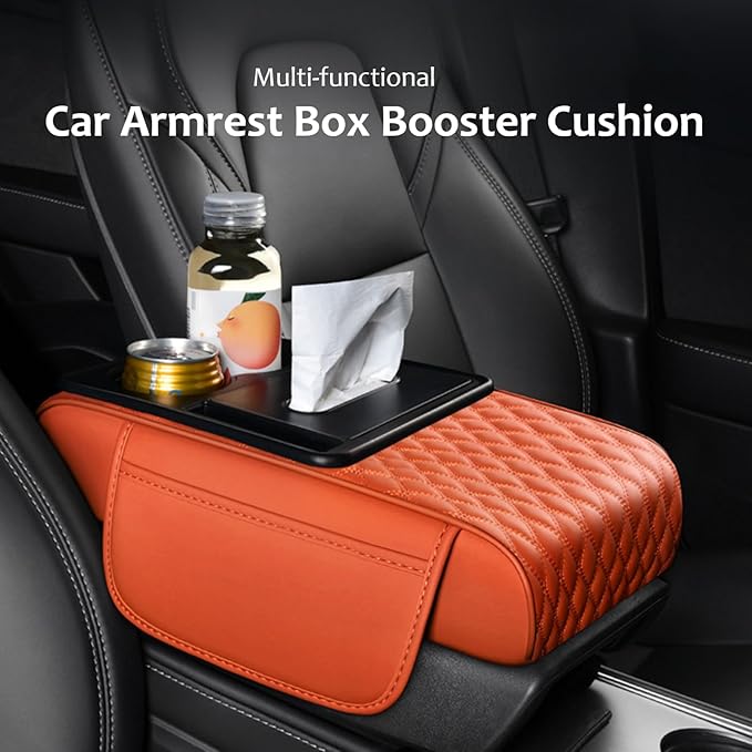 5-in-1 Car Armrest Pad Cushion, Water Ripple Embossed Center Console Booster Pad with Tissue Box, Cup Holder, Storage Bag, Phone Slot, Fit for Most Sedan Vehicles (Water Ripple Series, Coffee)