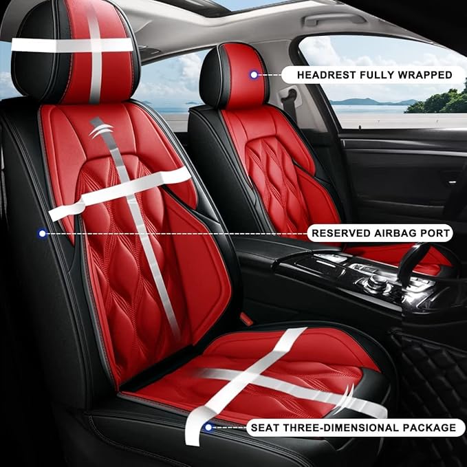 AOMSAZTO Car Seat Covers Fit for Ford Focus 2009-2018 Front Set Leather Automotive Cushion Cover Seat Protector Airbag Compatible Waterproof (2Seats,Black&Red)