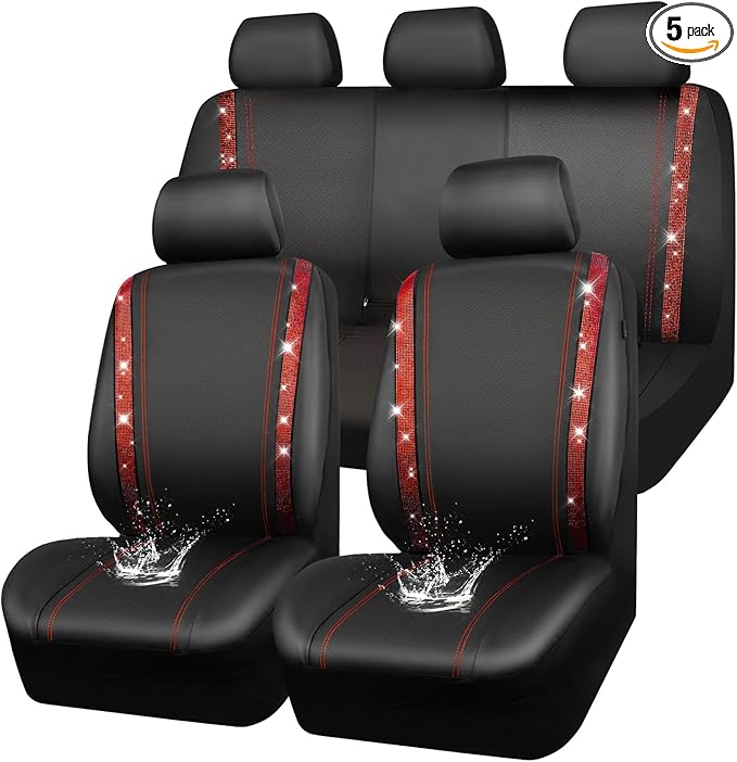 CAR Pass Bling Car Seat Covers Full Set, Shining Rhinestone Diamond Waterproof Faux Leather, Rear with Zipper, Universal Fit Automotive Glitter Crystal Sparkle Strips for Women Girl, Black Red